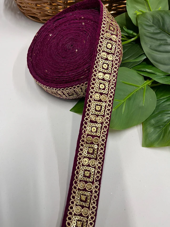 Velvet Saree Embroidered Lace - Wine